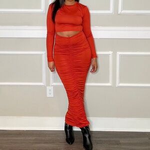 Rust Cutout Long Ruched Maxi Dress